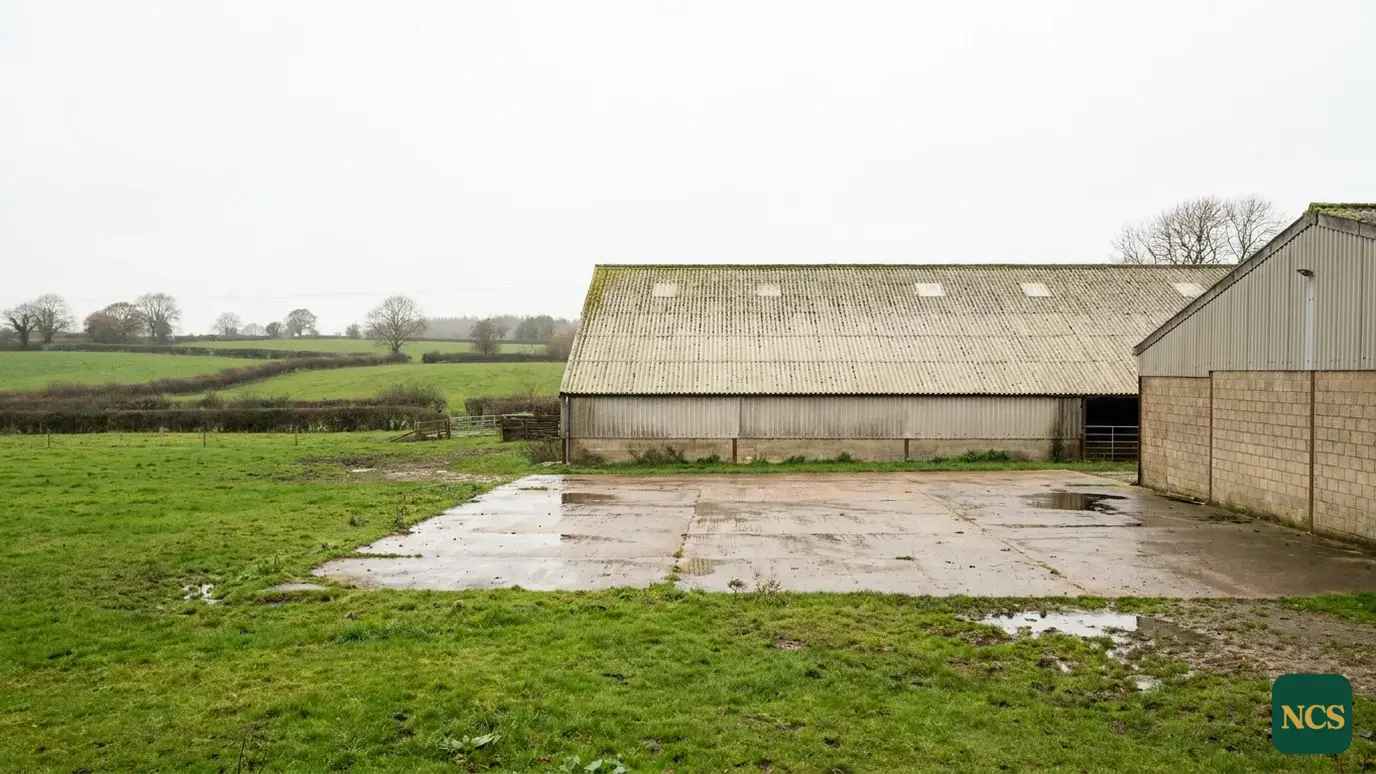 A weathered asbestos cement barn roof on a UK farm under a grey sky, corrugated sheets streaked with moss and lichen
