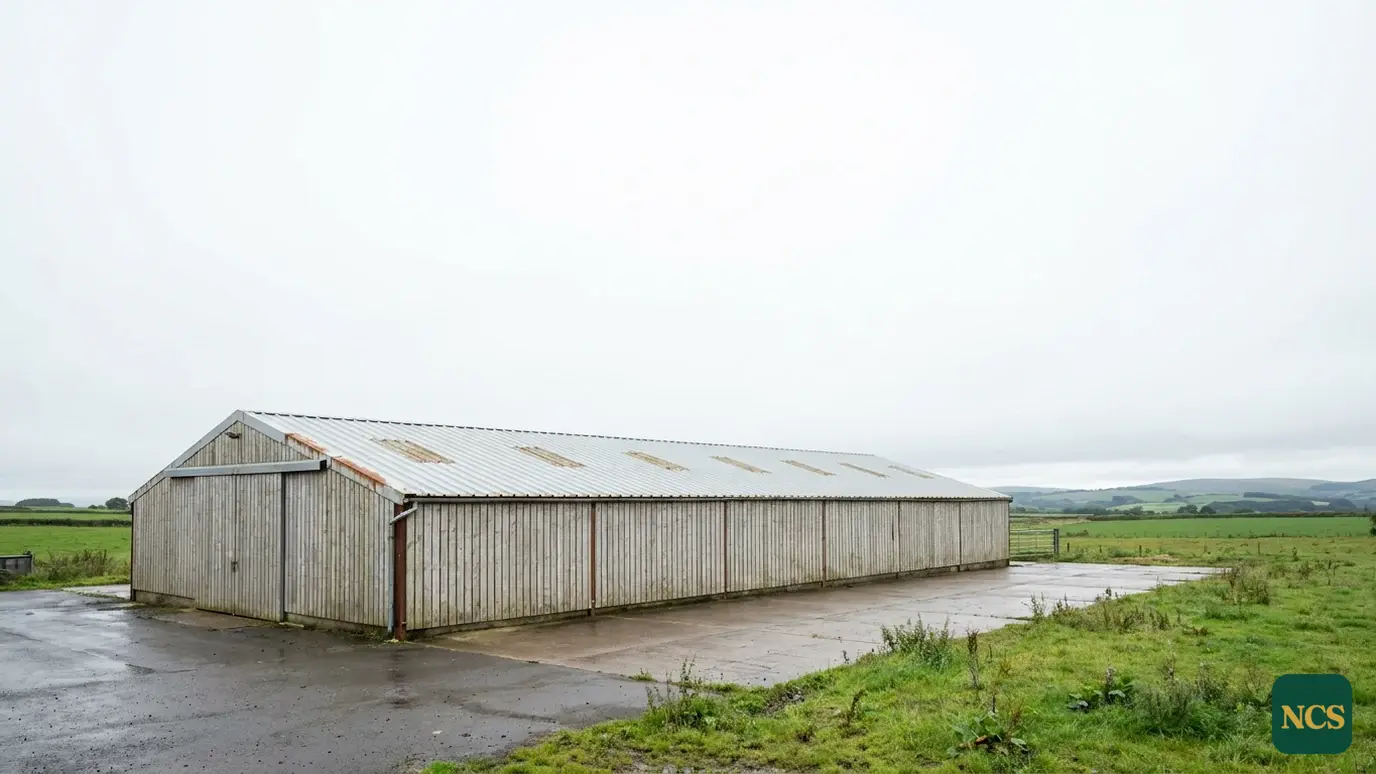 A long steel-framed livestock building on a UK farm, its profiled-metal roof showing cut-edge corrosion along the sheet overlaps
