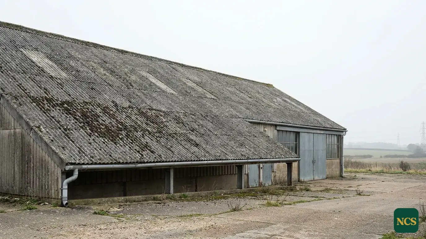A weathered grey asbestos cement corrugated roof on a large UK industrial warehouse, surface staining and moss, steel gu