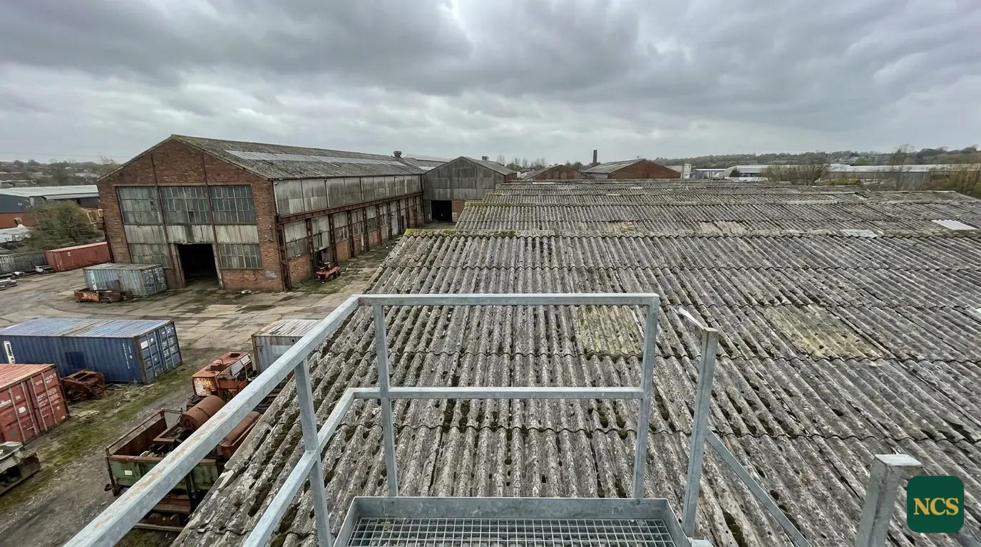 Weathered asbestos cement roof on a commercial building