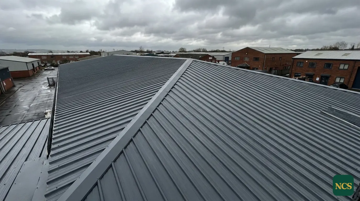 A commercial roof freshly over-coated and sealed