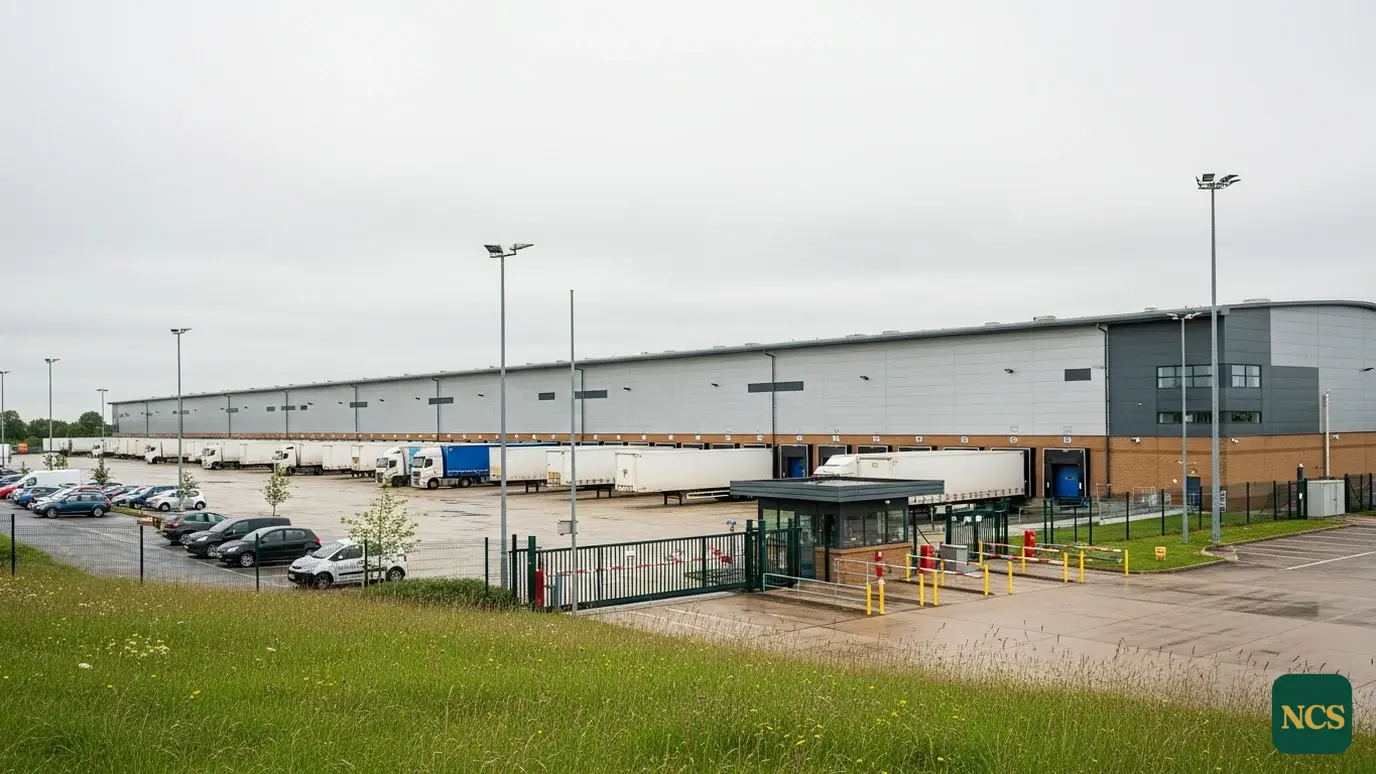 A weathered profiled steel industrial unit with faded blue cladding under an overcast UK sky