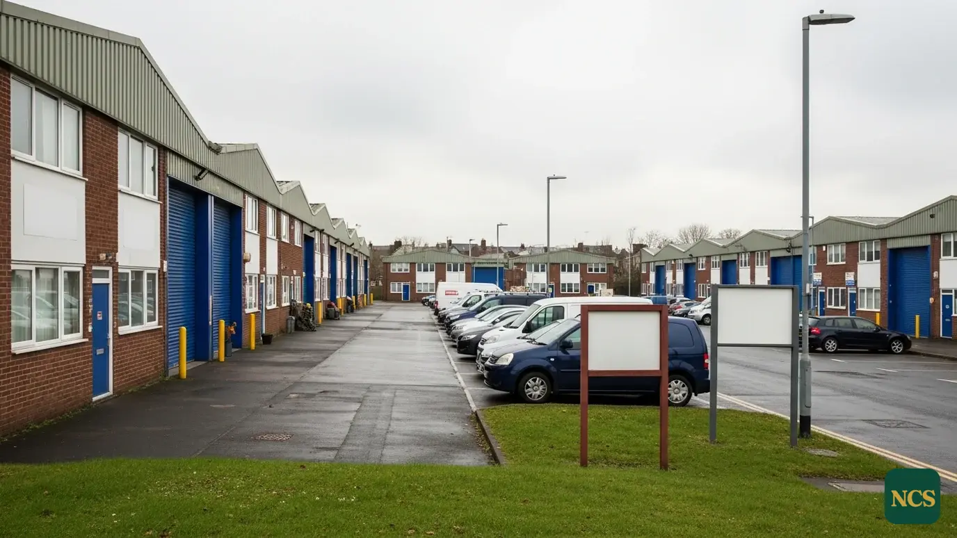 A large modern steel-clad distribution warehouse in grey profiled cladding under a bright overcast UK sky, wide elevatio