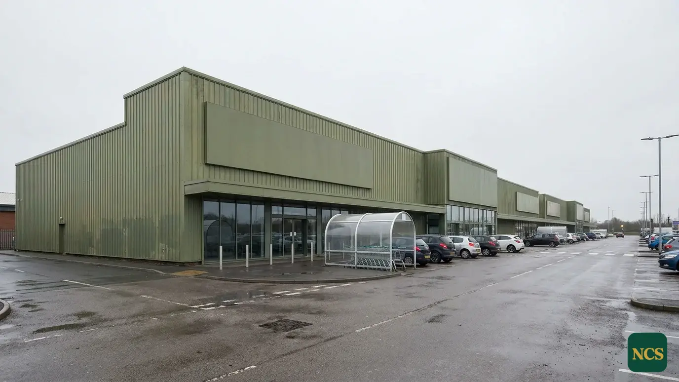 A section of profiled metal wall cladding on a UK agricultural building coated in muted green, side elevation in soft da