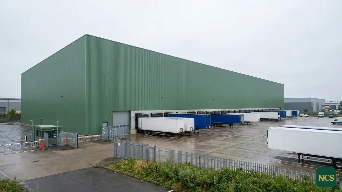A freshly spray-coated commercial distribution centre in uniform green profiled-steel cladding under overcast UK light