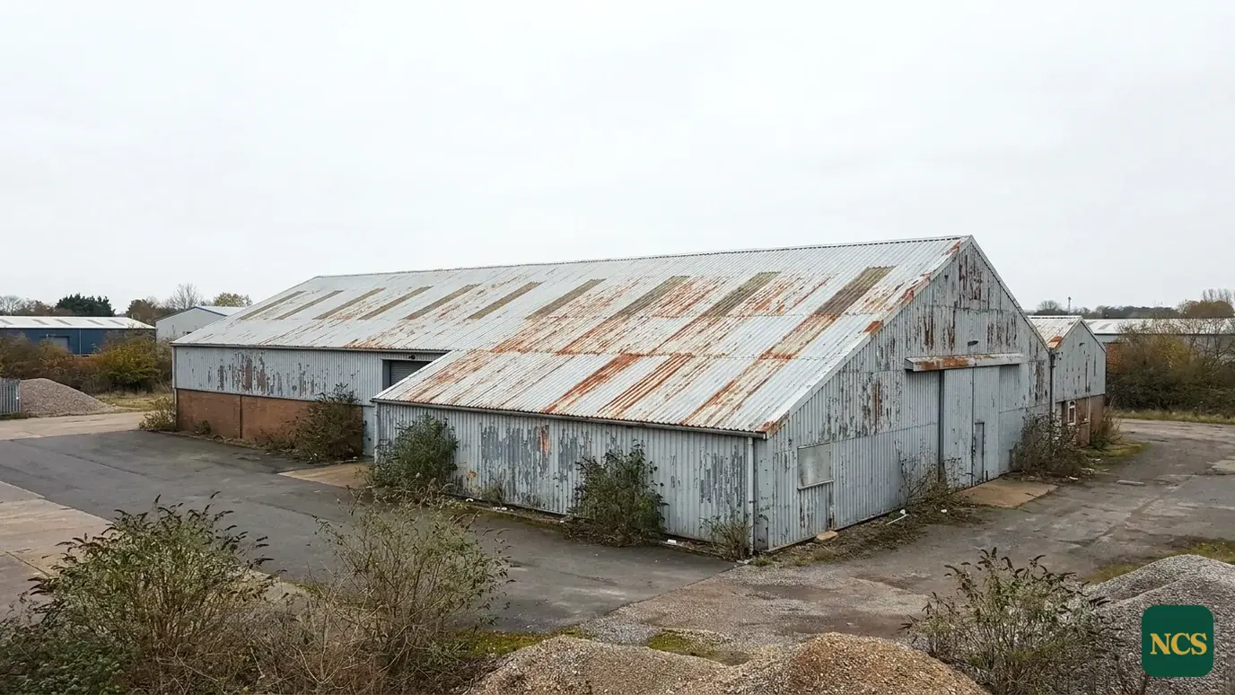 Real view of a large UK industrial unit with a weathered profiled steel roof showing surface rust and faded paint under 