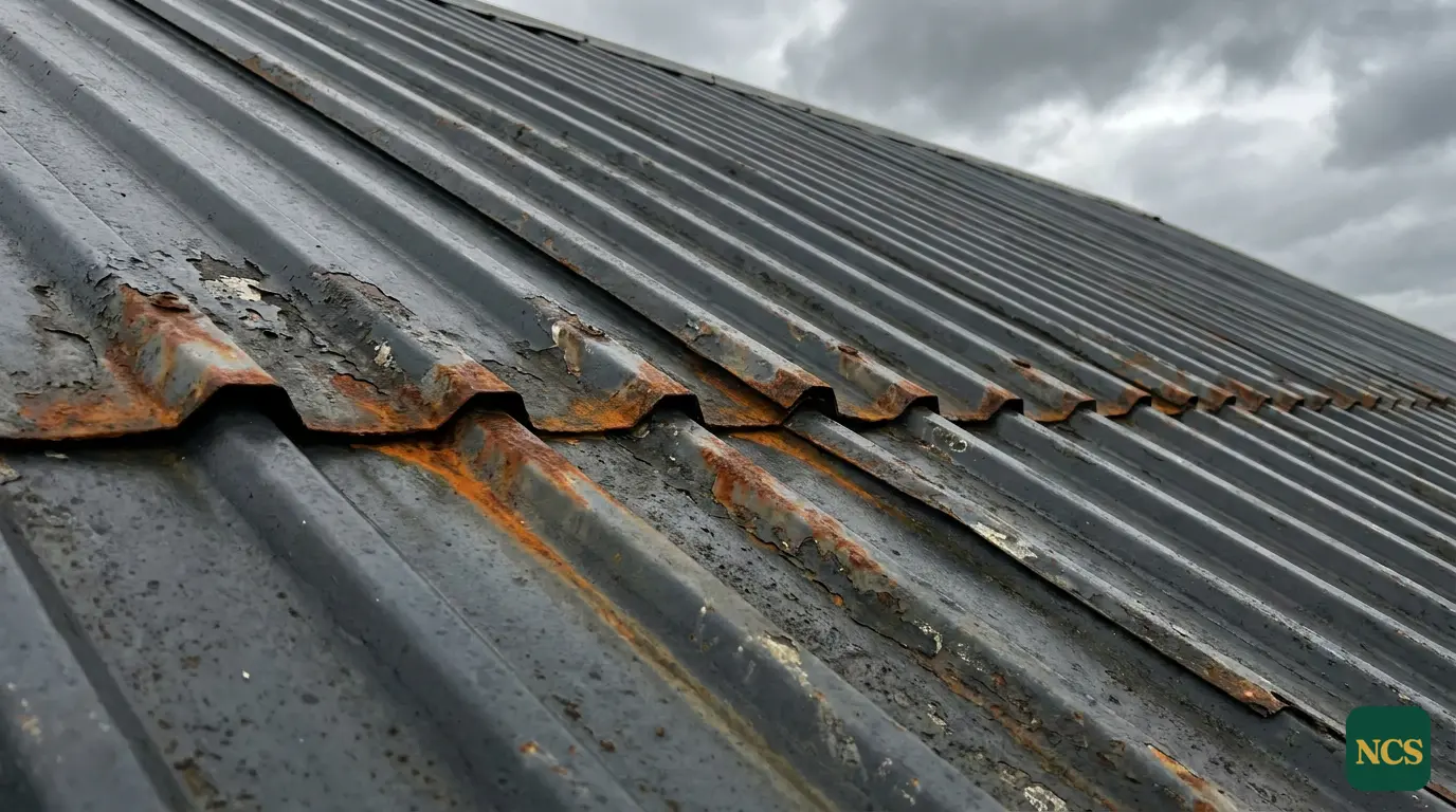A profiled metal industrial roof showing orange rust staining creeping along the cut edges and o