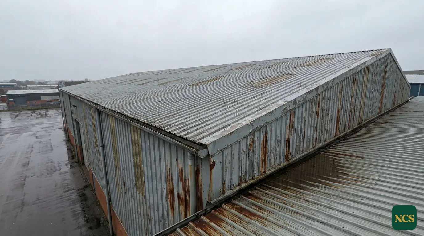 View of a large UK warehouse metal roof with weathered coating and rust streaks running down the claddi