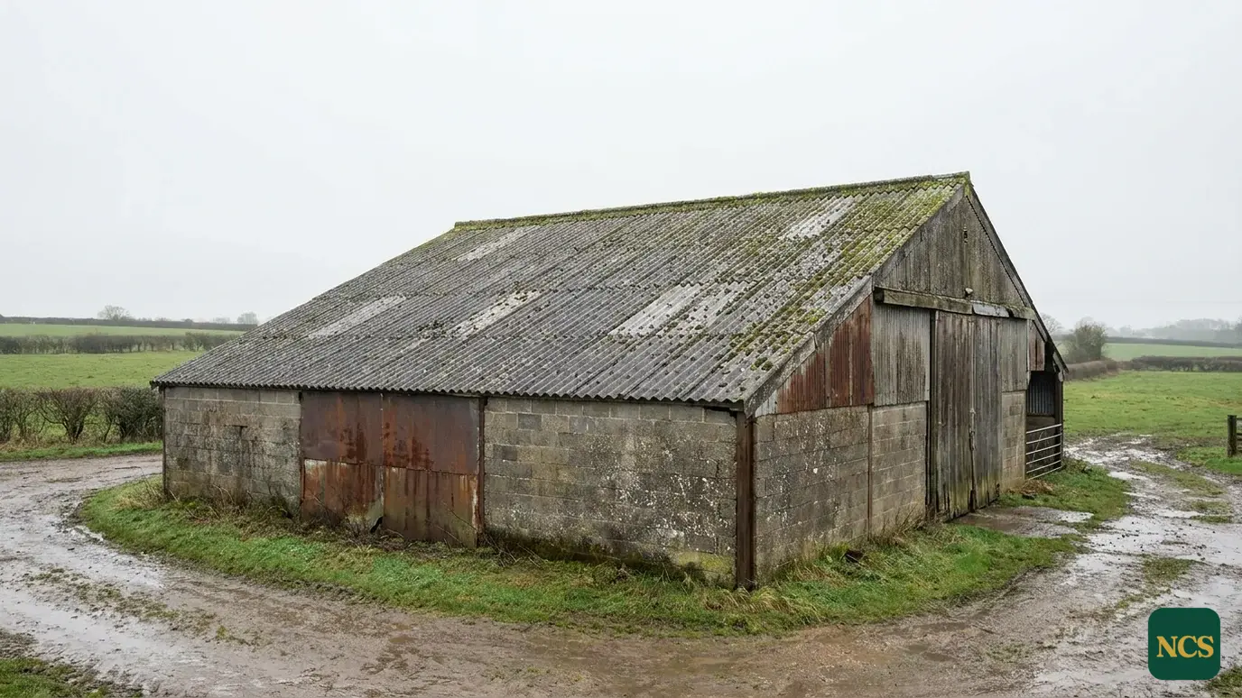 A weathered asbestos cement roof sheet on a UK agricultural barn, moss and surface pitting visible along the corrugation