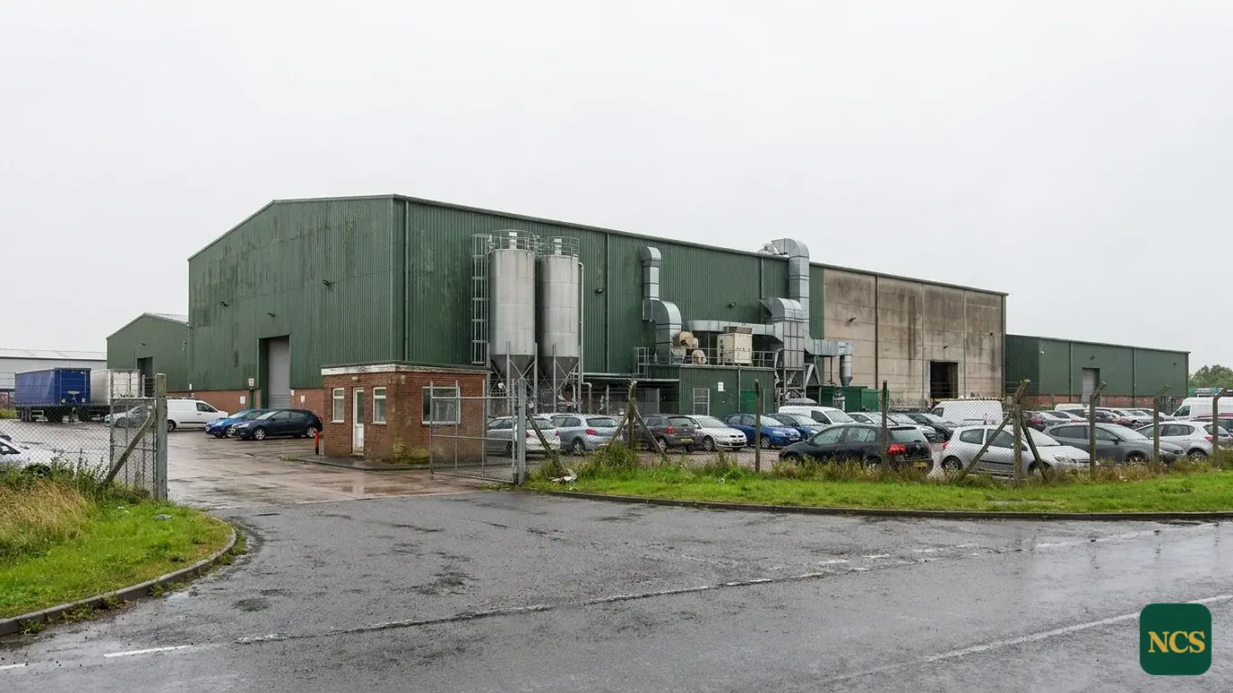 View across a large UK commercial steel-clad warehouse roof at the valley gutters and rooflights