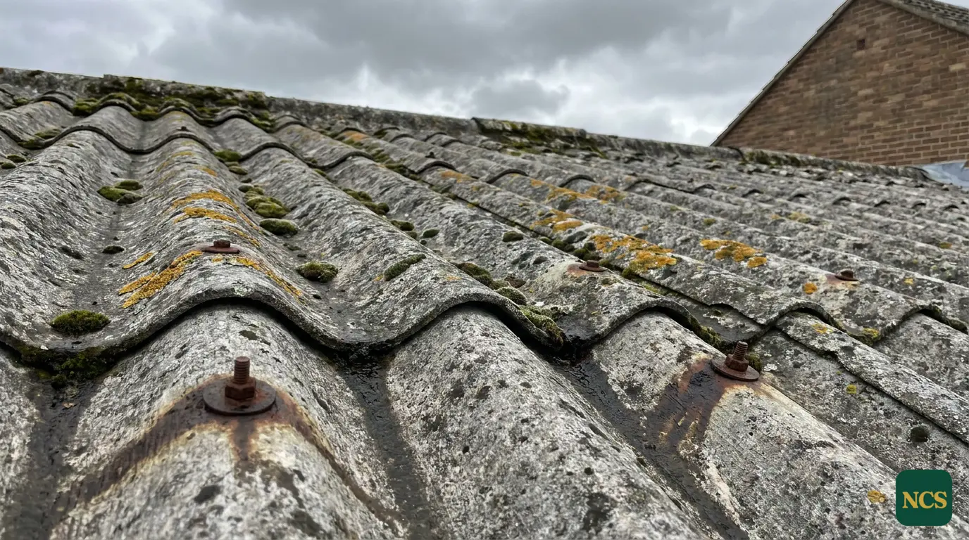 Weathered asbestos cement roof on a commercial building