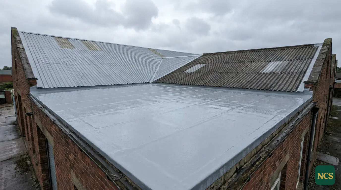 A commercial roof freshly over-coated and sealed