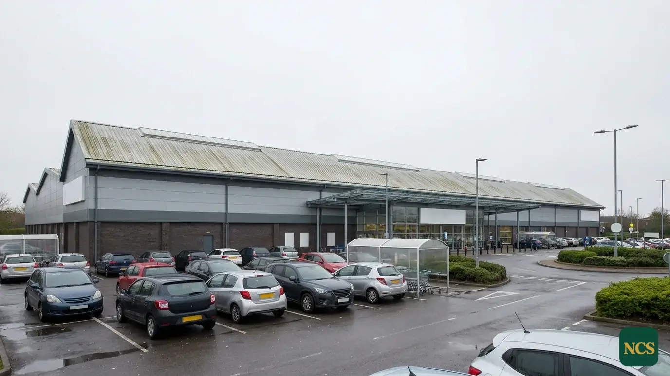 Low-angle view of a large UK industrial factory roof with faded profiled steel sheets and rooflights