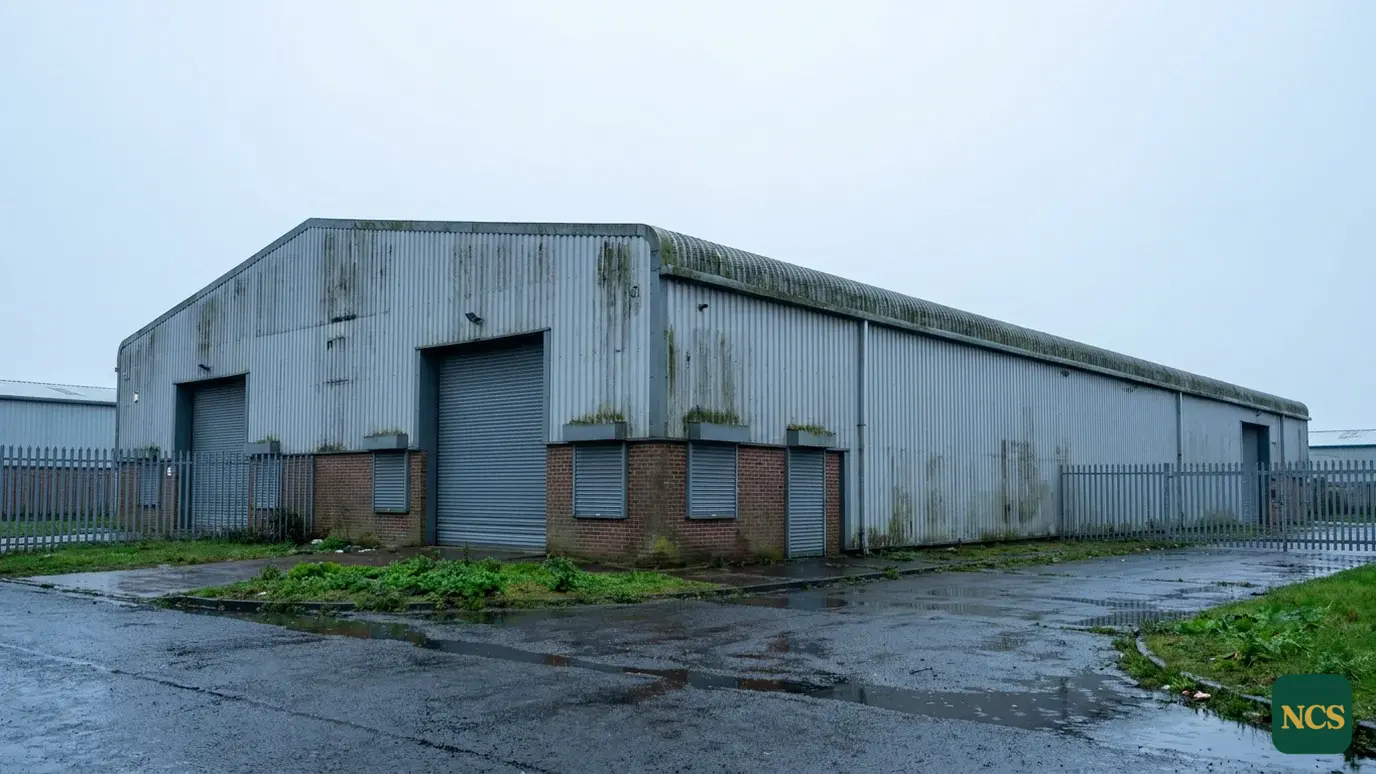 Low-angle view of a large UK industrial estate warehouse with a weathered profiled metal roof under an overcast sky