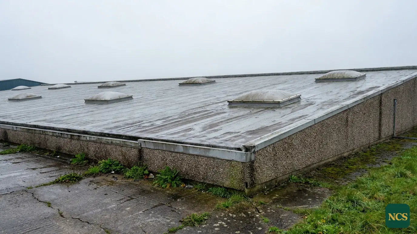 Of a coated single-ply flat roof on a UK commercial building with domed rooflights and a parapet edge
