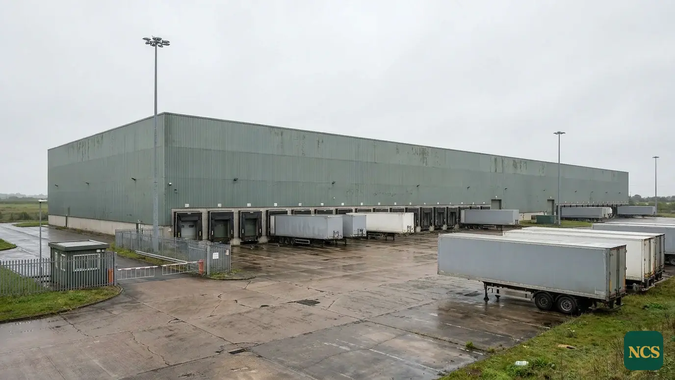 A weathered plastisol-coated industrial roof in flat overcast UK light, coloured surface coating cracked and lifting alo