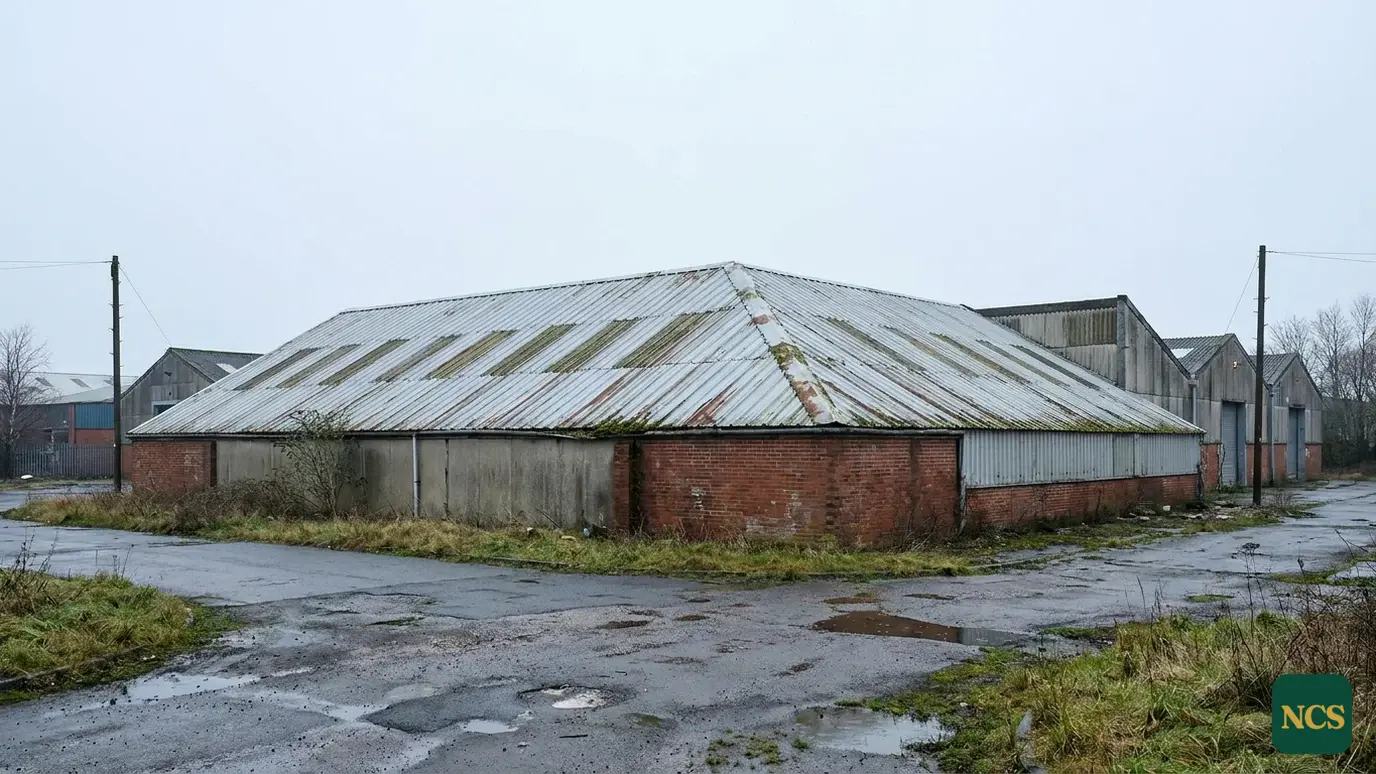 Real view of a large UK industrial estate roof of profiled metal sheeting with visible surface rust streaks and moss alo