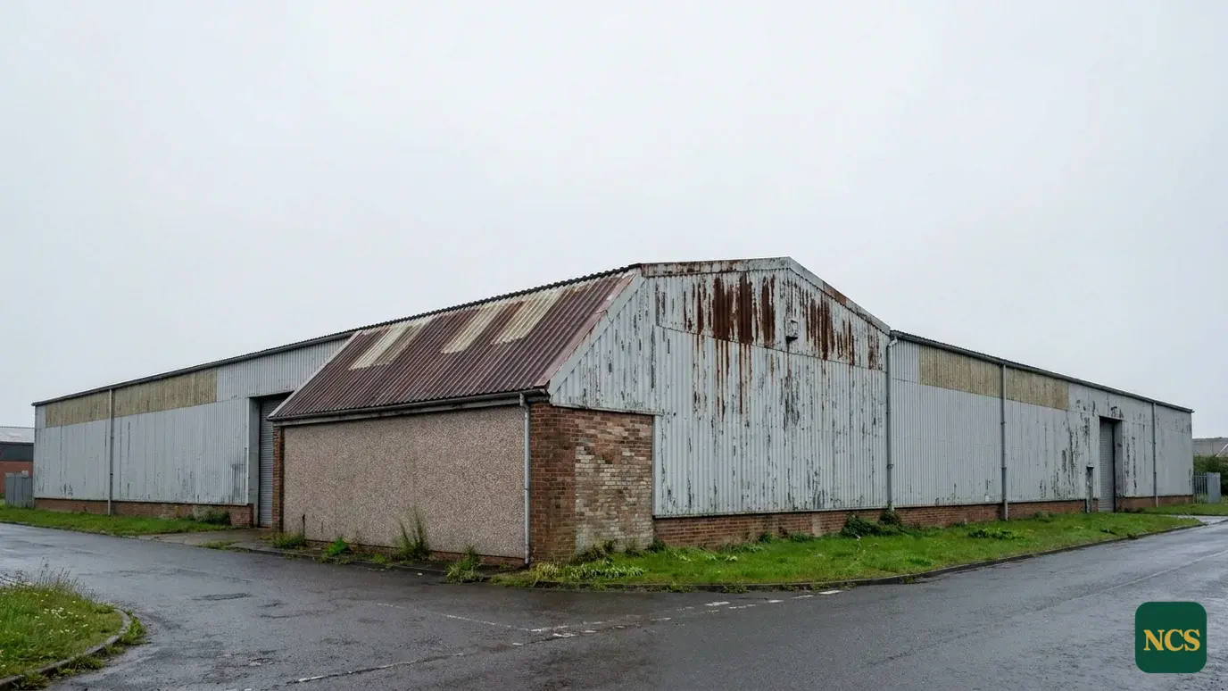 Close view of a UK factory roof cut edge showing rust bleeding along the overlap of two profiled metal sheets