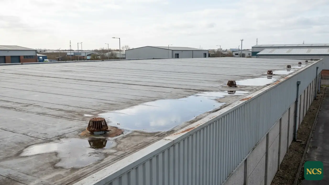 Flat commercial warehouse roof in the UK with shallow pooling water near the roof drains