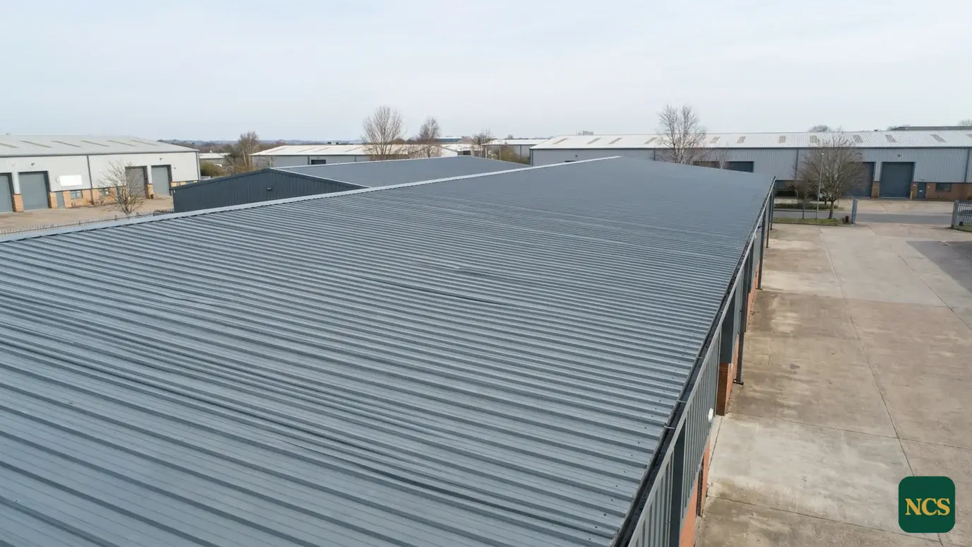 A freshly coated pitched industrial steel roof with a clean uniform finish and visible standing seams under soft dayligh