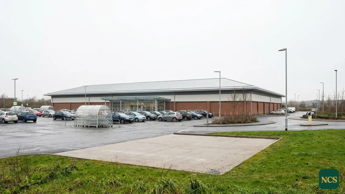 A large UK commercial warehouse roof with mixed metal and fibre cement sheets, some panels recently replaced, gutter lin