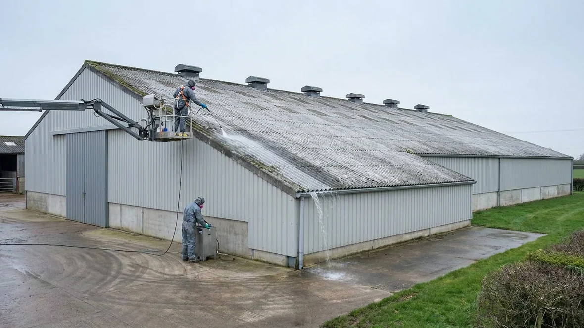 Careful low pressure cleaning during asbestos roof encapsulation on a grain store near Taunton