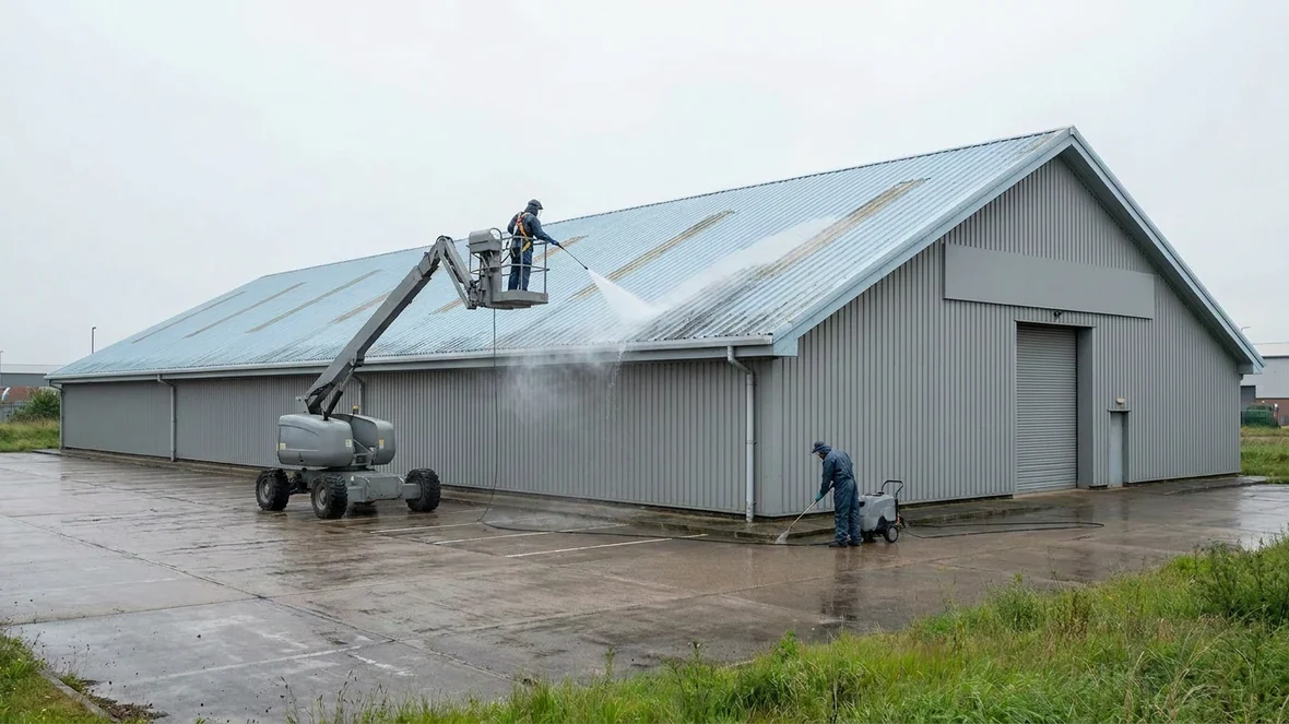Pressure washing during asbestos roof encapsulation on a distribution warehouse near Brighton