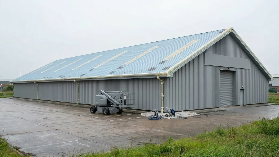 Masking rooflights and edges during asbestos roof encapsulation on a distribution warehouse near Brighton