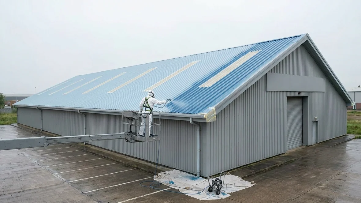 Airless spraying Ocean Blue during asbestos roof encapsulation on a distribution warehouse near Brighton