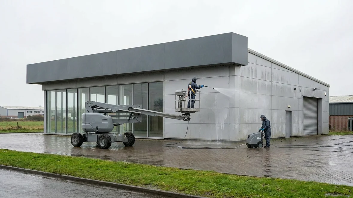 Pressure washing during cladding respray on a car showroom near Norwich
