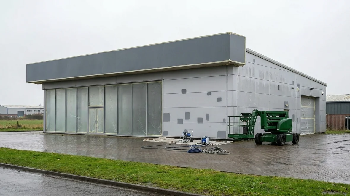 Masked showroom glazing before cladding spraying near Norwich