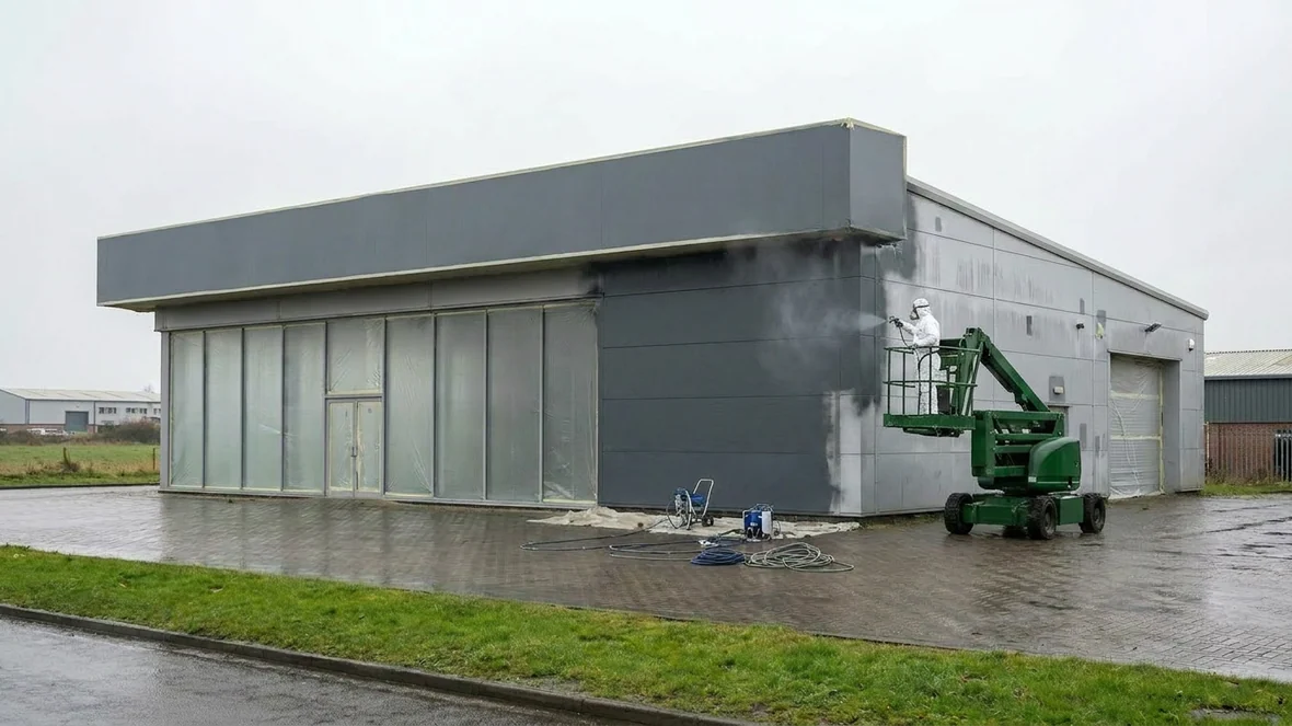 Spraying anthracite grey coating on a car showroom near Norwich