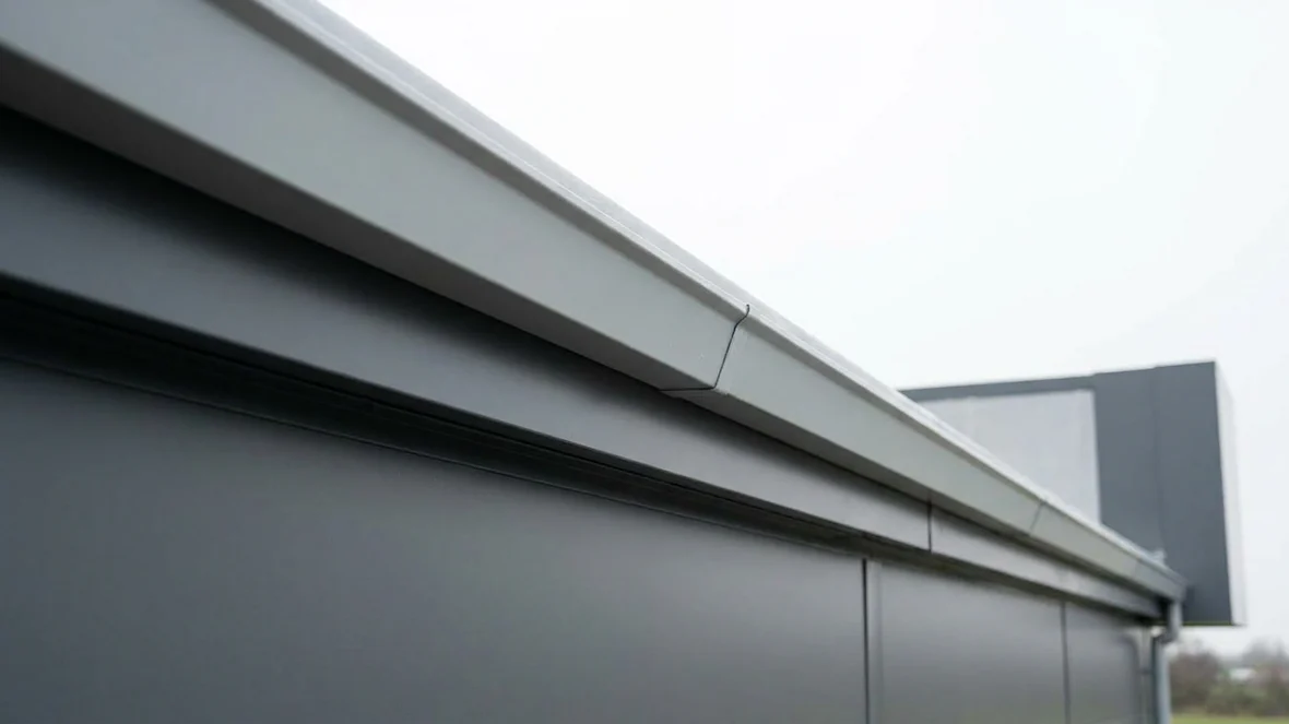 Gutter lining and coated cladding edge detail on a showroom near Norwich