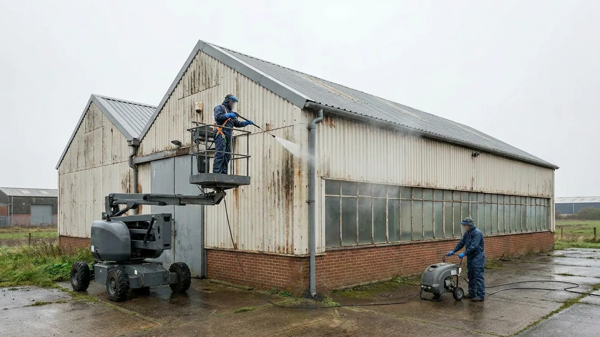 Pressure washing during cladding respray on a factory near Carlisle