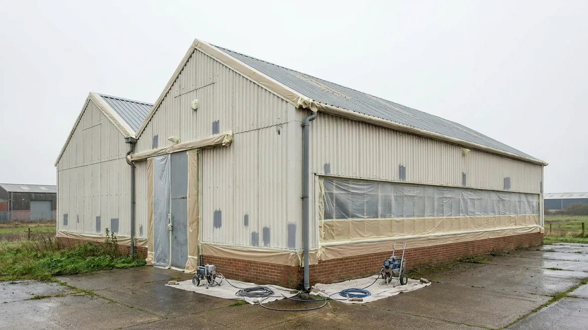Masked windows and primed repairs before spraying a factory near Carlisle