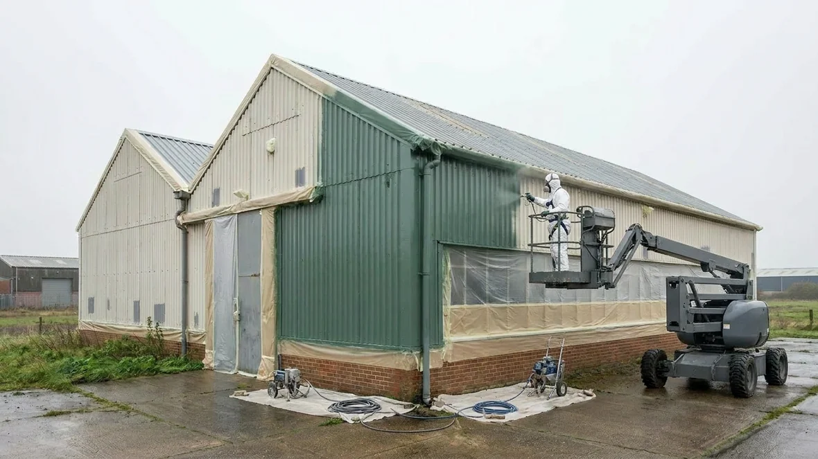 Airless spraying Juniper Green BS 12B29 cladding on a factory near Carlisle