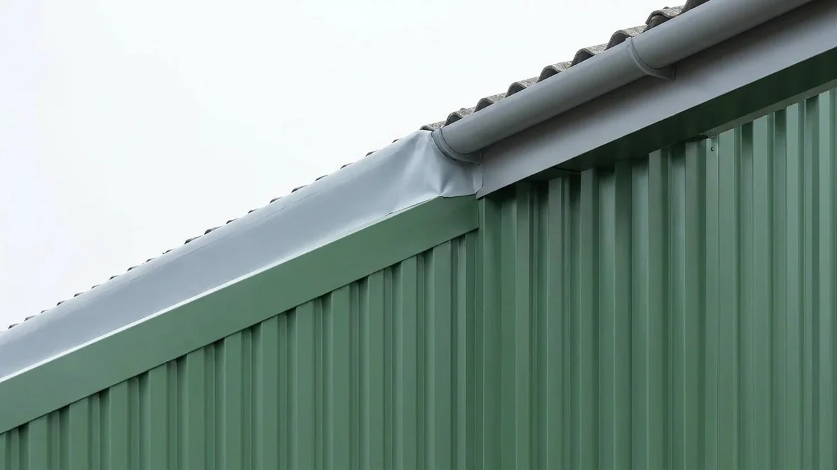 Close-up of relined box gutter and Juniper Green cladding on a factory near Carlisle
