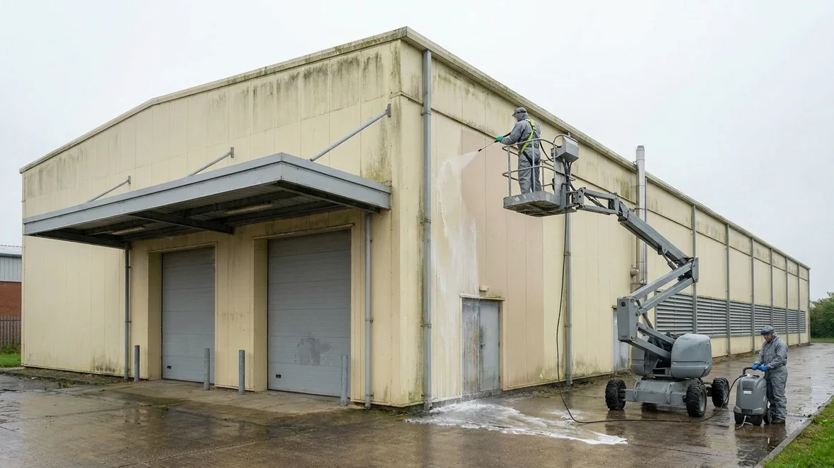 Washing composite panels during cladding respray on a food factory near Swindon