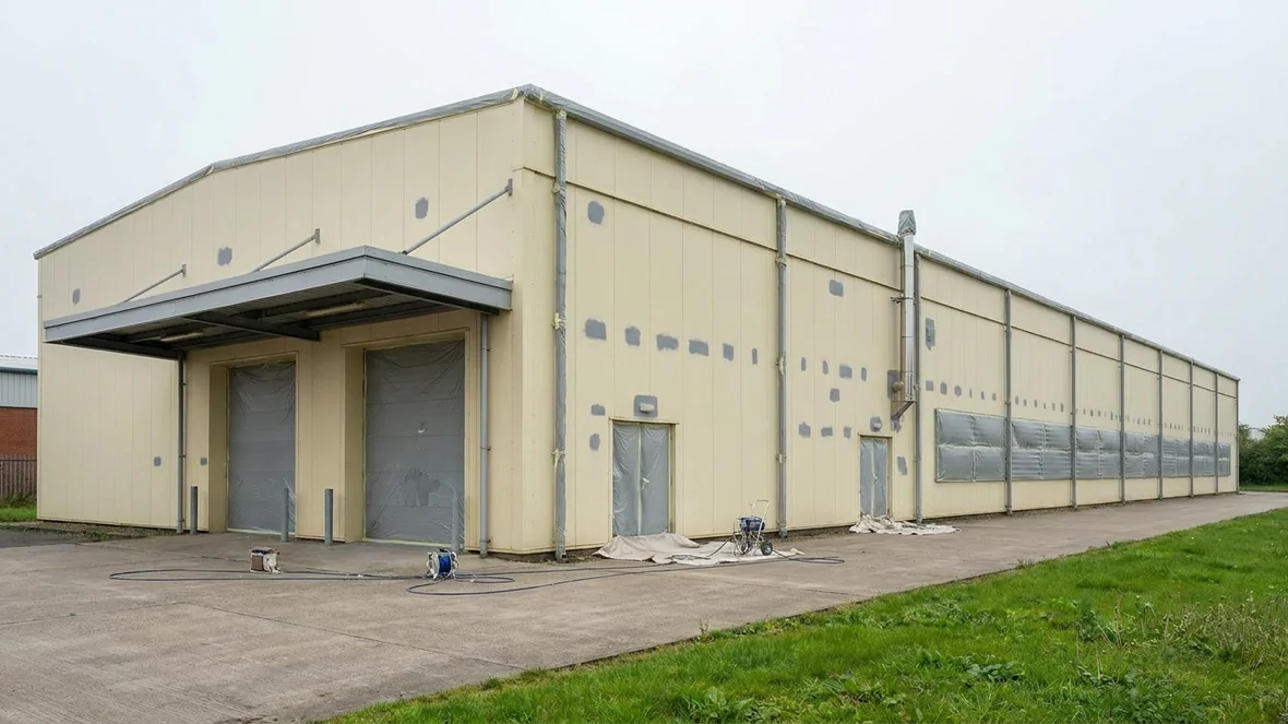Primer patches and staged spray kit before coating a food processing plant near Swindon