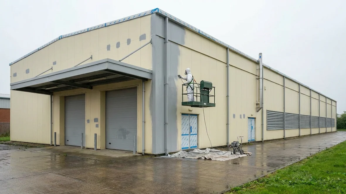 Airless spraying Goosewing Grey BS 10A05 on a food factory near Swindon