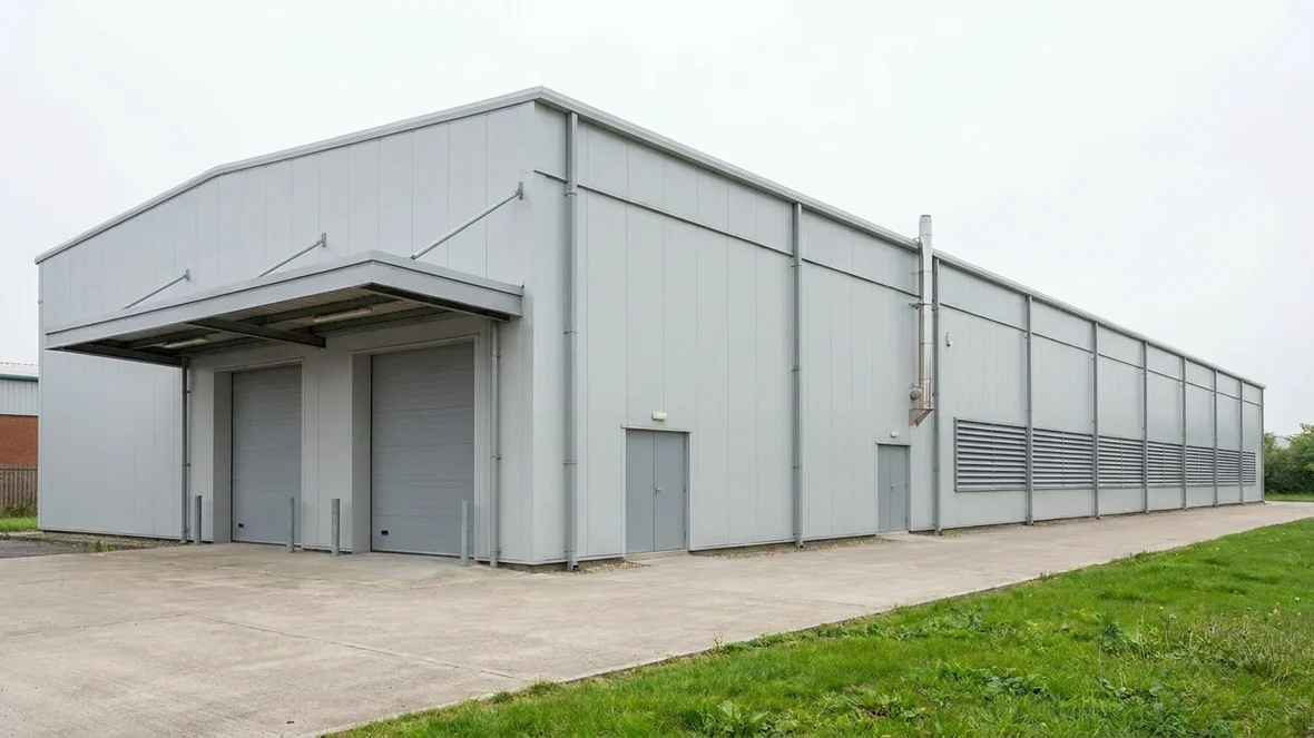 Food processing plant near Swindon after cladding respray in Goosewing Grey BS 10A05