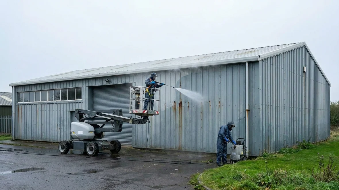 Pressure washing the cladding during a cladding respray on an industrial unit near Warrington