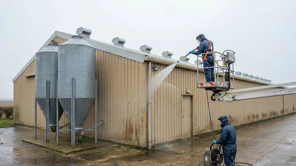 Pressure washing during cladding respray on a poultry shed near Lincoln