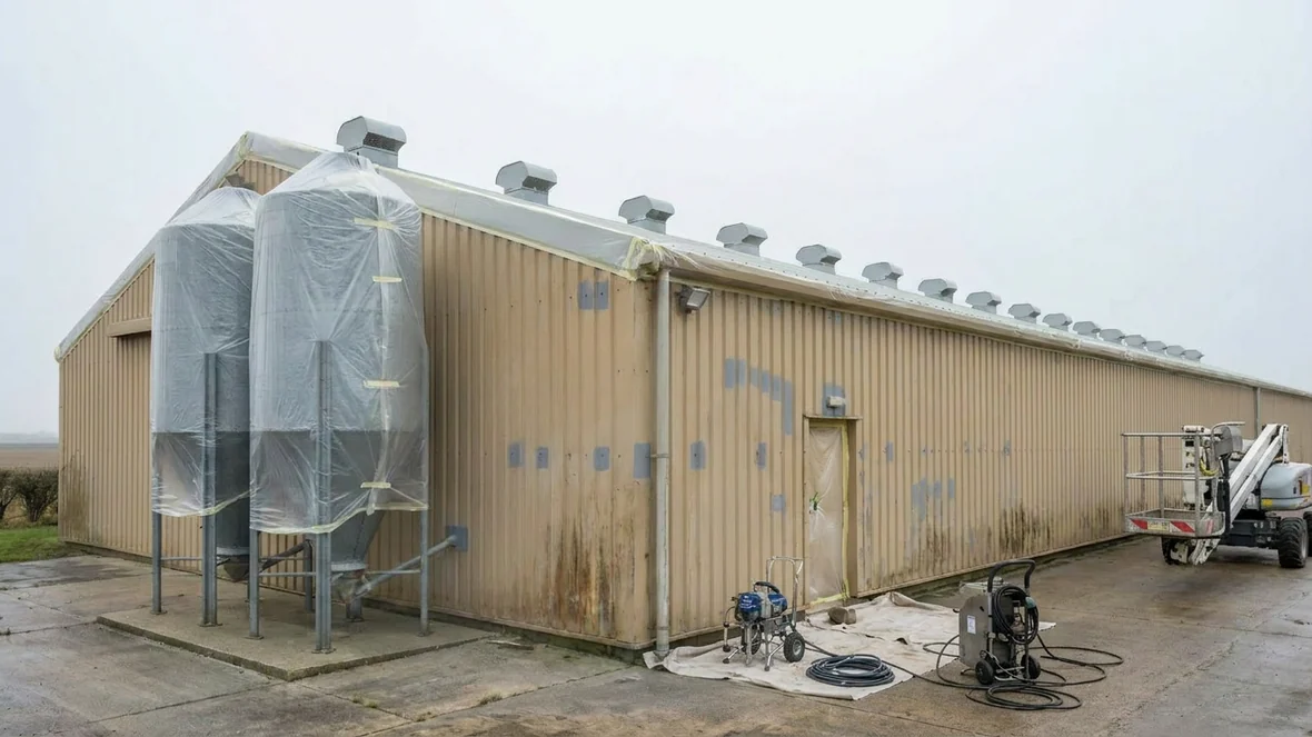 Masked feed bins and primed repairs before spraying a poultry shed near Lincoln