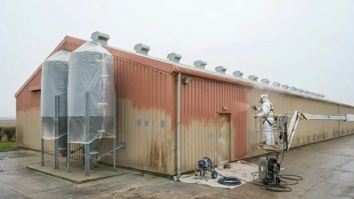 Airless spraying terracotta coating on poultry shed cladding near Lincoln