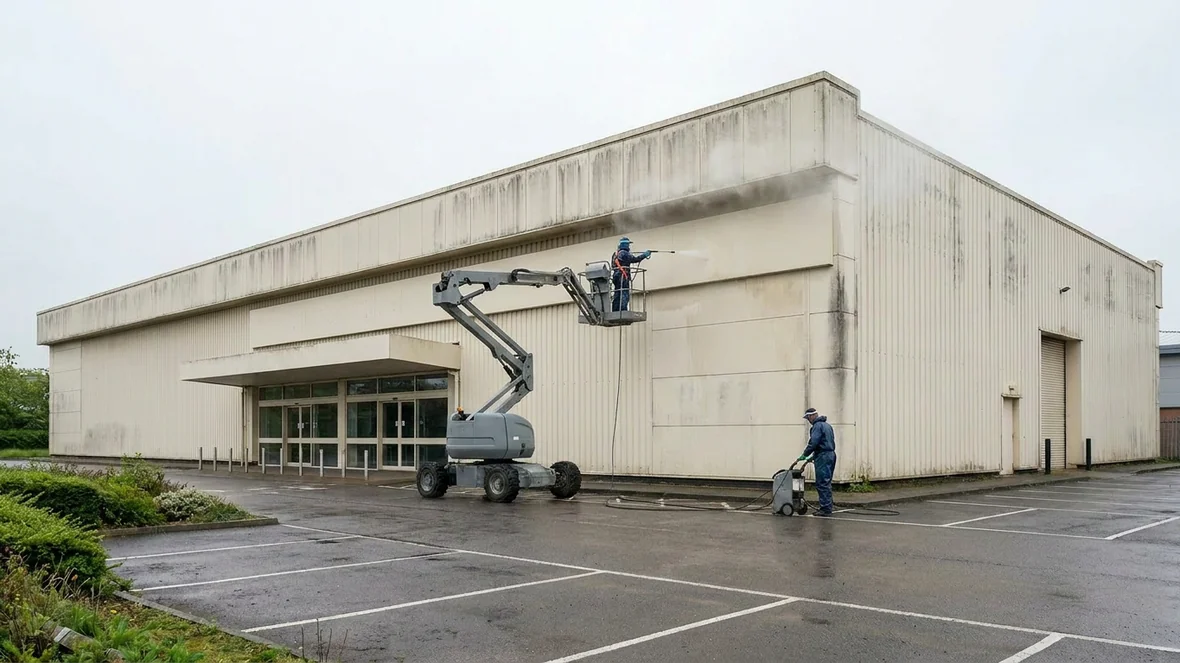 Pressure washing during cladding respray on a retail park unit near Reading