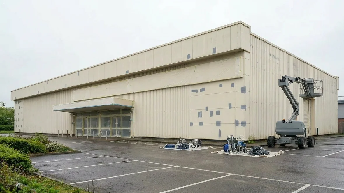 Masked glazing and fascia before cladding spraying on a retail unit near Reading