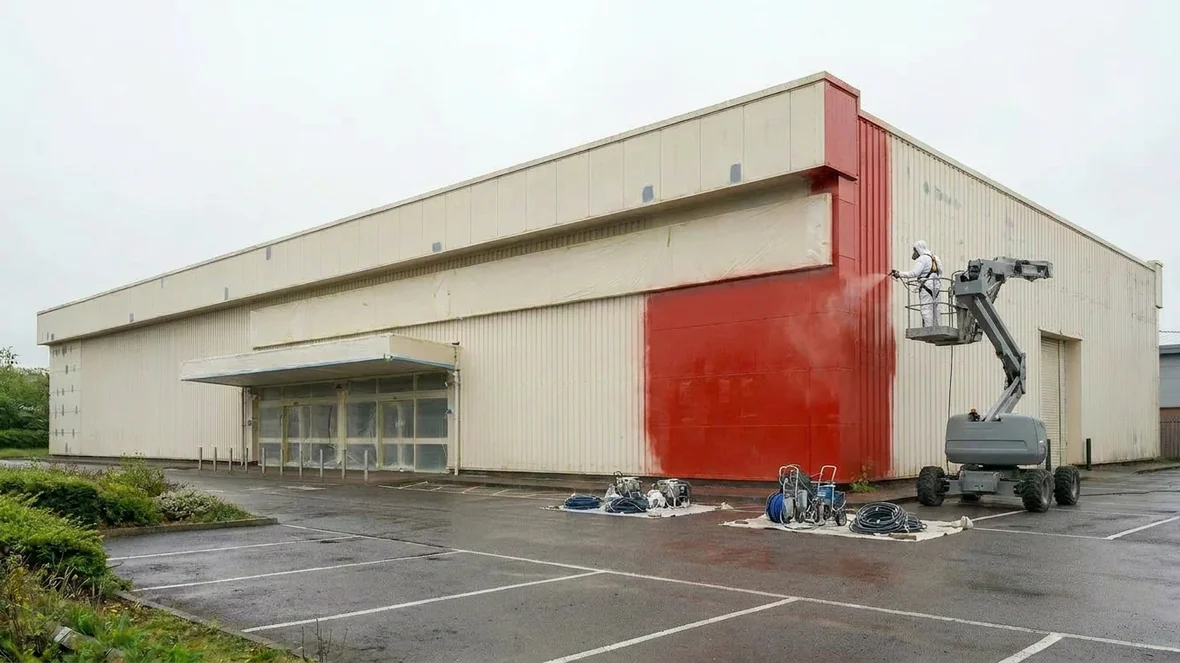 Spraying poppy red cladding coating on a retail park unit near Reading