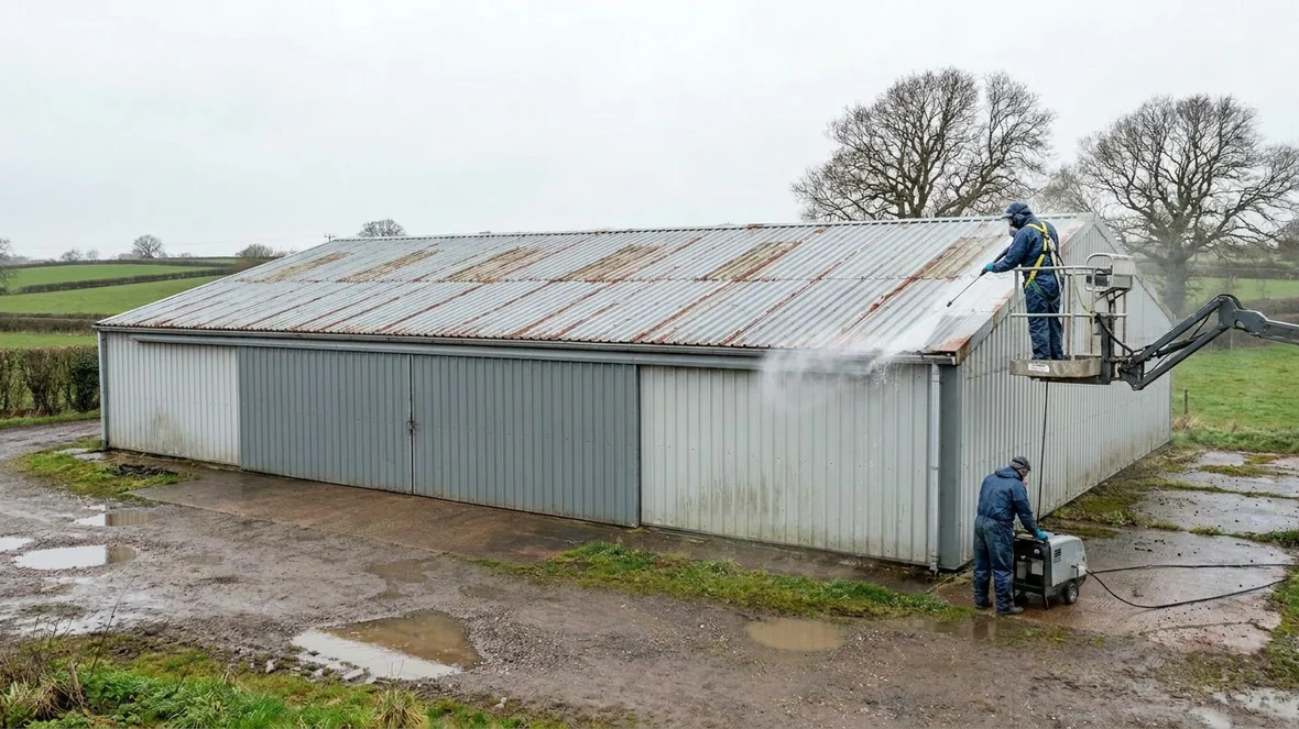 Pressure washing during cut edge corrosion treatment on a machinery store near Hereford