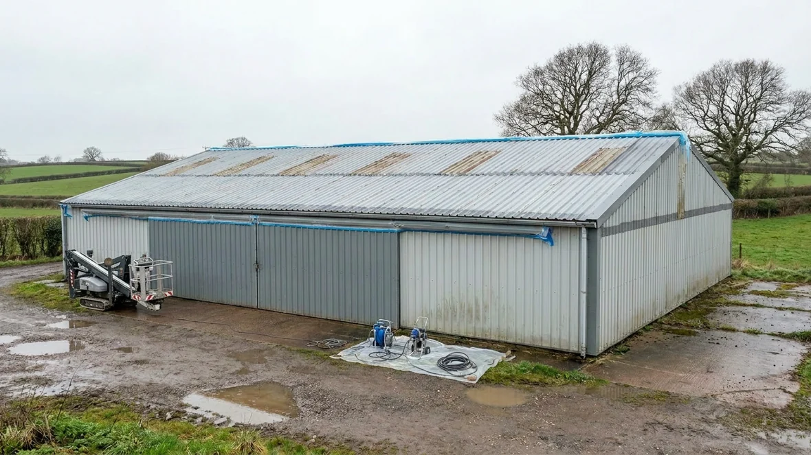 Primed cut edges and masked ridge before roof coating on a machinery store near Hereford